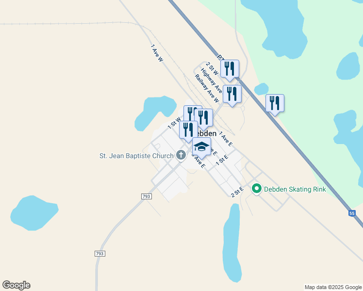 map of restaurants, bars, coffee shops, grocery stores, and more near 101 Main Street in Debden