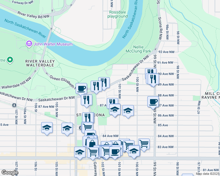 map of restaurants, bars, coffee shops, grocery stores, and more near in Edmonton