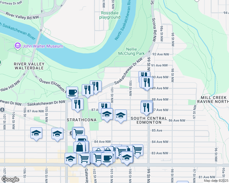 map of restaurants, bars, coffee shops, grocery stores, and more near 10101 Saskatchewan Drive Northwest in Edmonton
