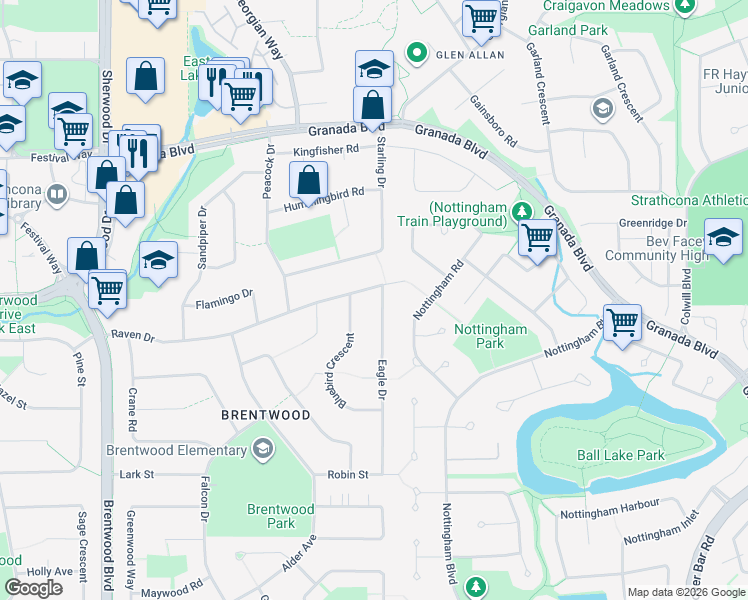 map of restaurants, bars, coffee shops, grocery stores, and more near 4 Eagle Drive in Sherwood Park