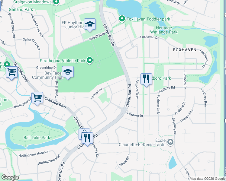 map of restaurants, bars, coffee shops, grocery stores, and more near 517 Forrest Drive in Sherwood Park
