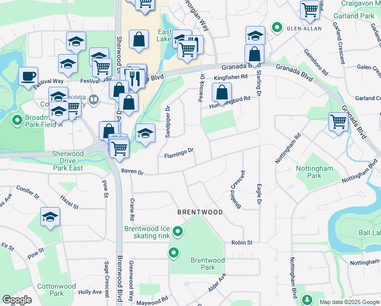 map of restaurants, bars, coffee shops, grocery stores, and more near 28 Flamingo Drive in Sherwood Park