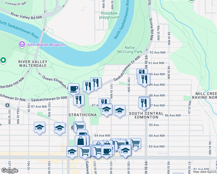map of restaurants, bars, coffee shops, grocery stores, and more near 10101 Saskatchewan Drive Northwest in Edmonton