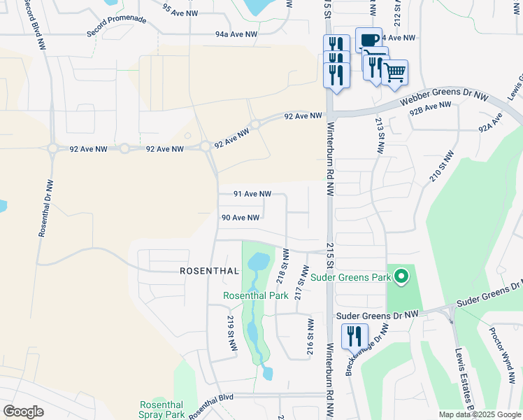 map of restaurants, bars, coffee shops, grocery stores, and more near 21820 91 Avenue Northwest in Edmonton