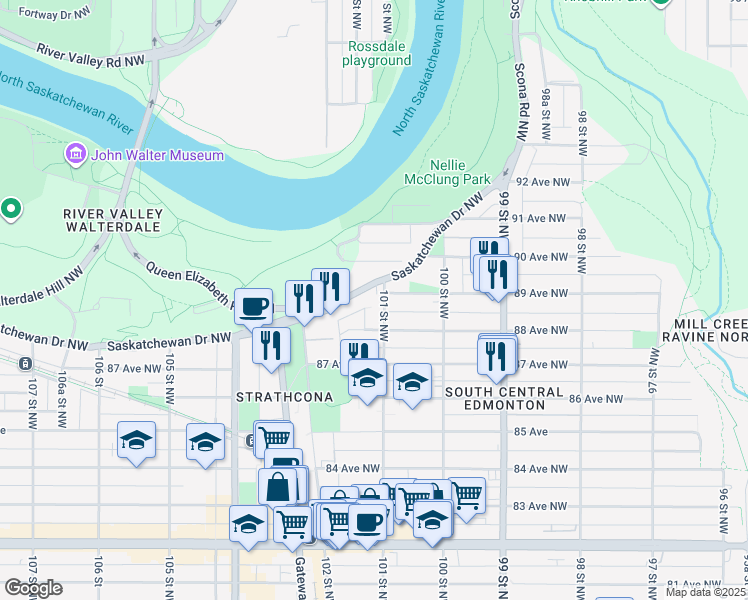 map of restaurants, bars, coffee shops, grocery stores, and more near 10101 Saskatchewan Drive Northwest in Edmonton