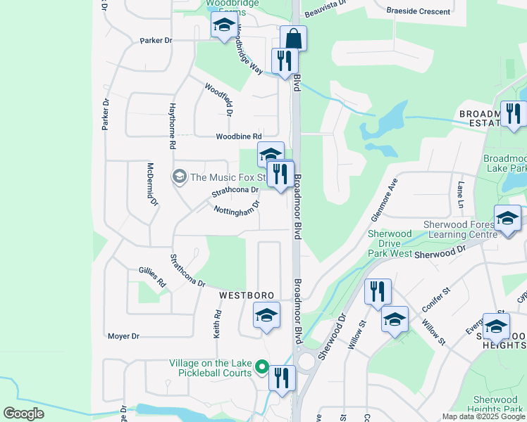 map of restaurants, bars, coffee shops, grocery stores, and more near 165 Greenwood Village in Sherwood Park