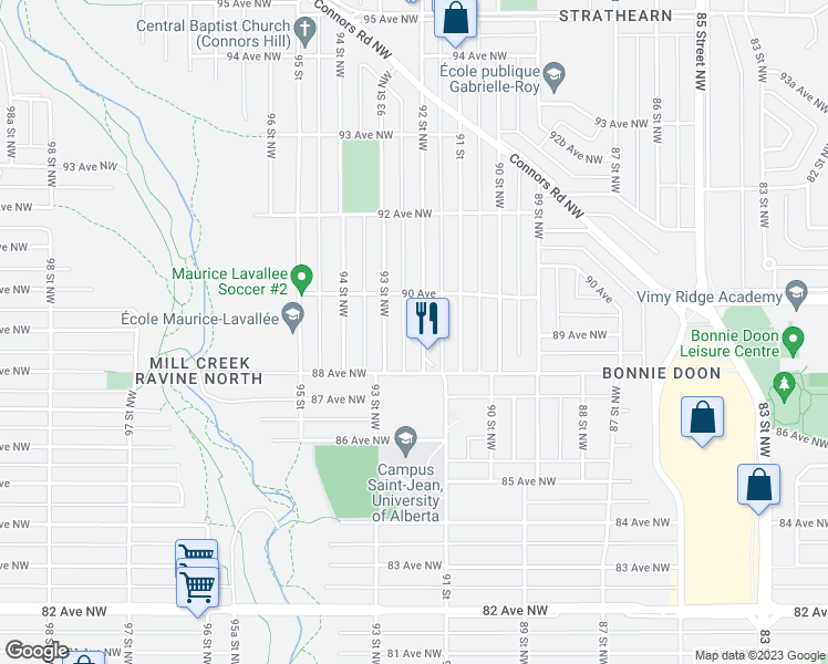 map of restaurants, bars, coffee shops, grocery stores, and more near 8832 92 Street Northwest in Edmonton