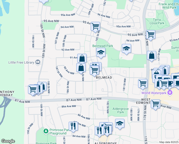 map of restaurants, bars, coffee shops, grocery stores, and more near 8925 184 Street Northwest in Edmonton