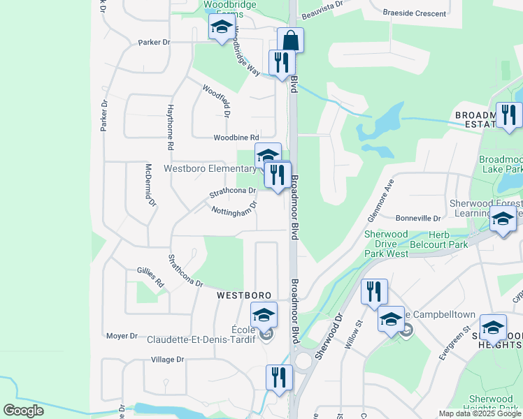 map of restaurants, bars, coffee shops, grocery stores, and more near 165 Greenwood Village in Sherwood Park