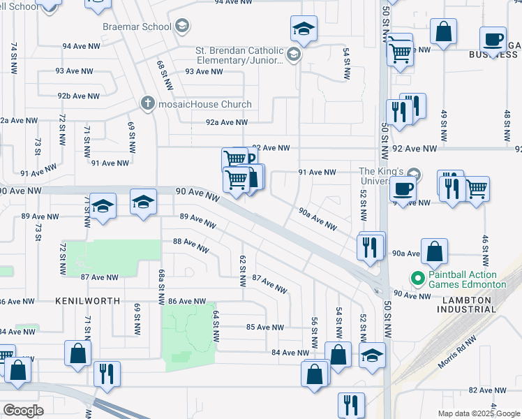 map of restaurants, bars, coffee shops, grocery stores, and more near 6010 90 Avenue Northwest in Edmonton