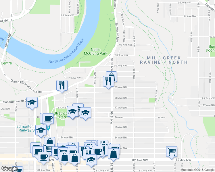 map of restaurants, bars, coffee shops, grocery stores, and more near 9916 89 Ave NW in Edmonton