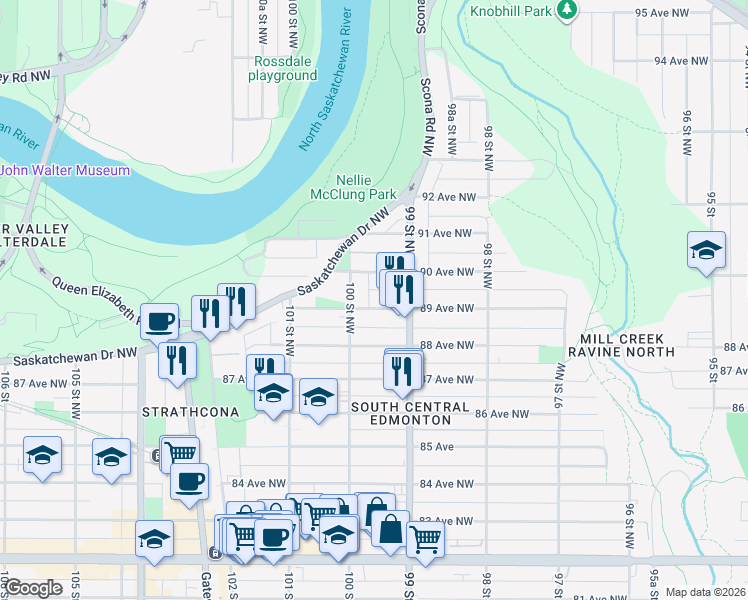 map of restaurants, bars, coffee shops, grocery stores, and more near 9916 89 Avenue Northwest in Edmonton