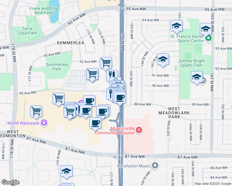 map of restaurants, bars, coffee shops, grocery stores, and more near in Edmonton