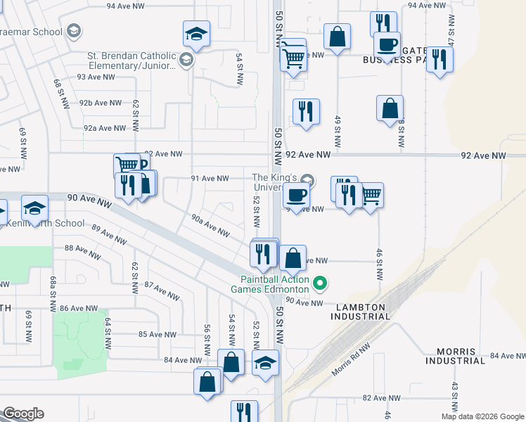 map of restaurants, bars, coffee shops, grocery stores, and more near 9055 52 Street Northwest in Edmonton