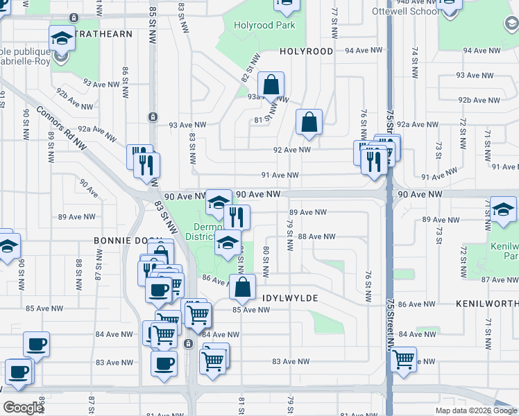 map of restaurants, bars, coffee shops, grocery stores, and more near 7927 89 Avenue Northwest in Edmonton