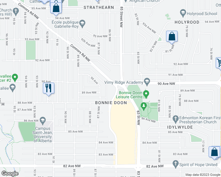 map of restaurants, bars, coffee shops, grocery stores, and more near 8838 85 Street Northwest in Edmonton