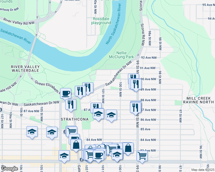 map of restaurants, bars, coffee shops, grocery stores, and more near in Edmonton