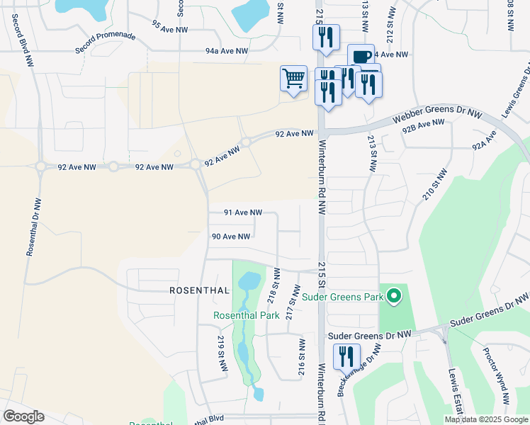 map of restaurants, bars, coffee shops, grocery stores, and more near 21820 91 Avenue Northwest in Edmonton