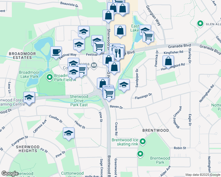 map of restaurants, bars, coffee shops, grocery stores, and more near in Sherwood Park