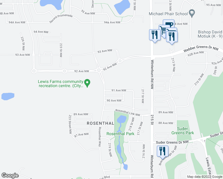 map of restaurants, bars, coffee shops, grocery stores, and more near 21932 91 Avenue Northwest in Edmonton