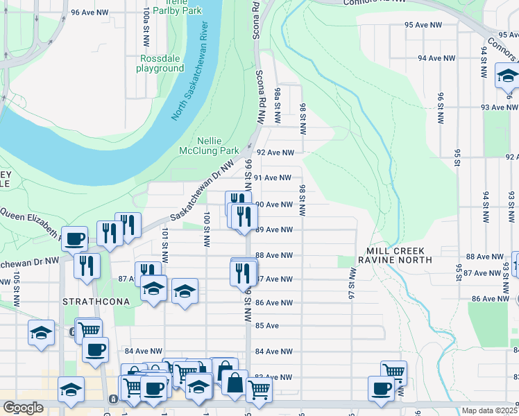 map of restaurants, bars, coffee shops, grocery stores, and more near in Edmonton