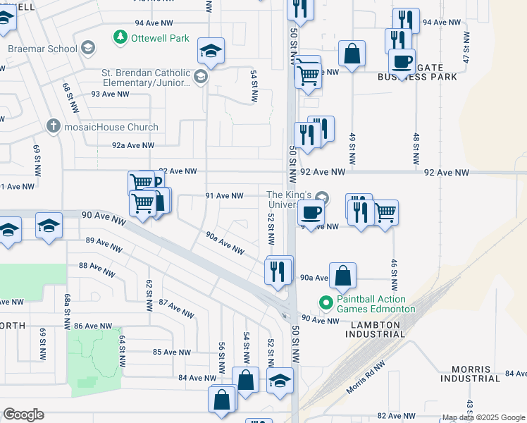 map of restaurants, bars, coffee shops, grocery stores, and more near 5308 91 Avenue Northwest in Edmonton