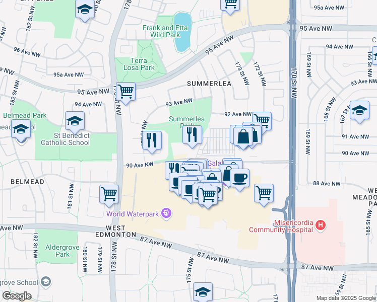 map of restaurants, bars, coffee shops, grocery stores, and more near 17504 90 Avenue Northwest in Edmonton