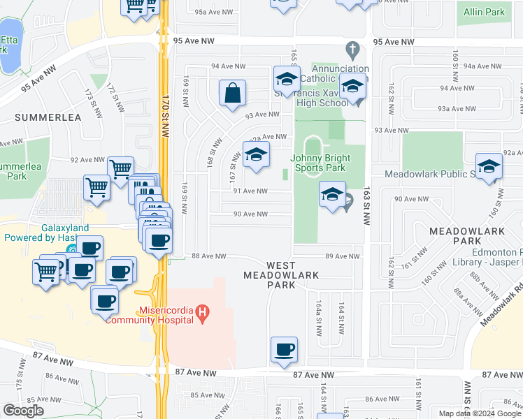 map of restaurants, bars, coffee shops, grocery stores, and more near 16600 90 Avenue Northwest in Edmonton