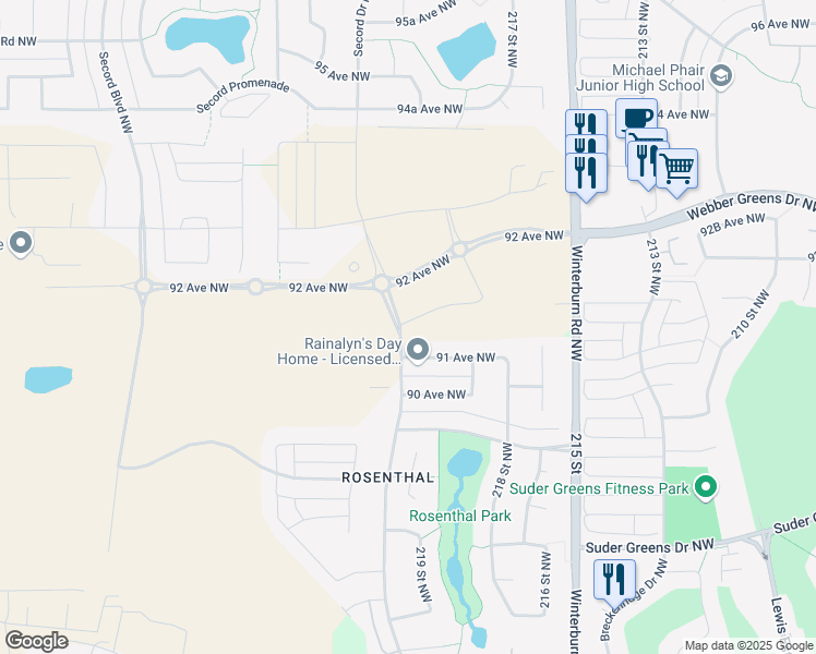 map of restaurants, bars, coffee shops, grocery stores, and more near 21932 91 Avenue Northwest in Edmonton