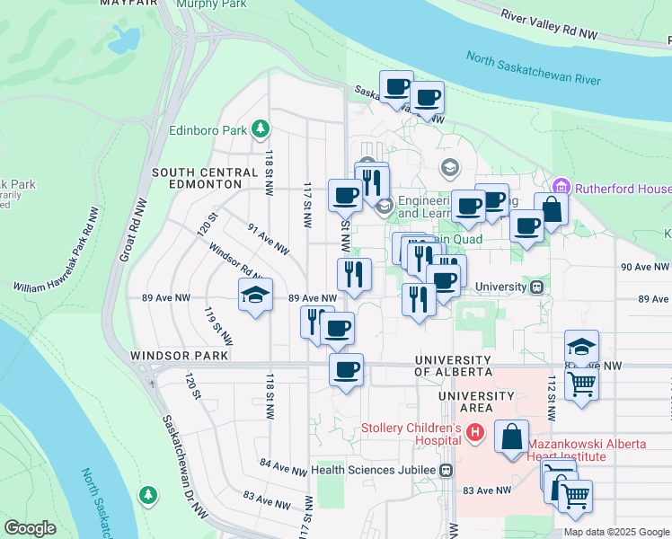 map of restaurants, bars, coffee shops, grocery stores, and more near in Edmonton