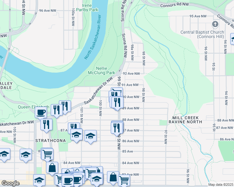 map of restaurants, bars, coffee shops, grocery stores, and more near 9925 91 Avenue Northwest in Edmonton