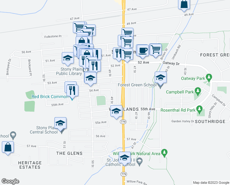 map of restaurants, bars, coffee shops, grocery stores, and more near 5403 49 Street in Stony Plain
