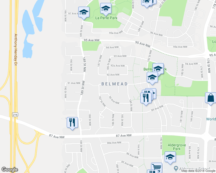 map of restaurants, bars, coffee shops, grocery stores, and more near 18515 91 Avenue Northwest in Edmonton