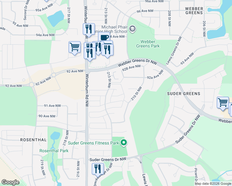 map of restaurants, bars, coffee shops, grocery stores, and more near 21137 92 Avenue Northwest in Edmonton