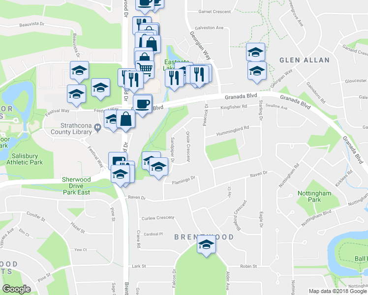 map of restaurants, bars, coffee shops, grocery stores, and more near 26 Oriole Crescent in Sherwood Park