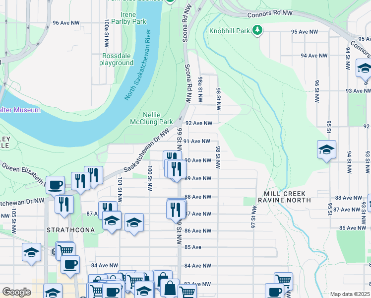 map of restaurants, bars, coffee shops, grocery stores, and more near in Edmonton