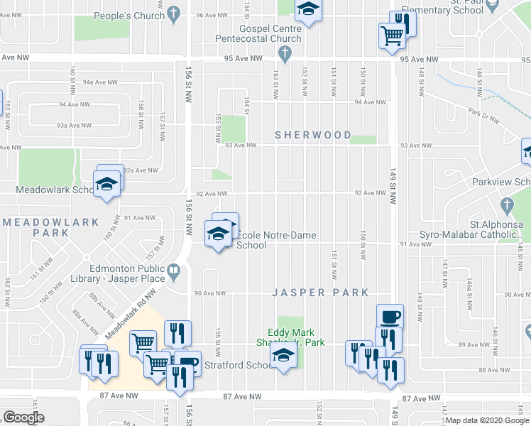 map of restaurants, bars, coffee shops, grocery stores, and more near 9136 153 Street Northwest in Edmonton