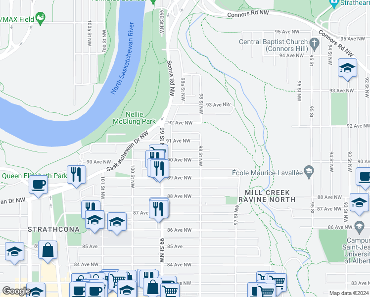 map of restaurants, bars, coffee shops, grocery stores, and more near 9825 91 Avenue Northwest in Edmonton