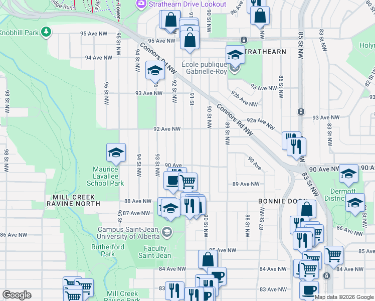 map of restaurants, bars, coffee shops, grocery stores, and more near 9022 91 Street in Edmonton