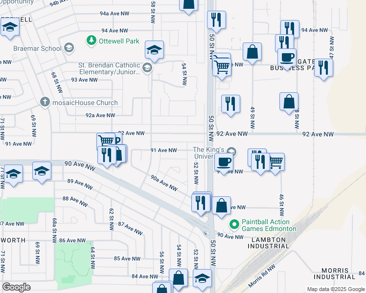 map of restaurants, bars, coffee shops, grocery stores, and more near 5308 91 Avenue Northwest in Edmonton