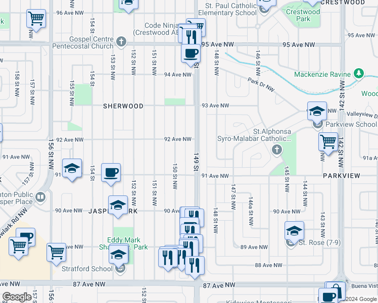 map of restaurants, bars, coffee shops, grocery stores, and more near 9140 149 Street Northwest in Edmonton