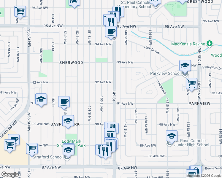 map of restaurants, bars, coffee shops, grocery stores, and more near 9140 149 Street in Edmonton