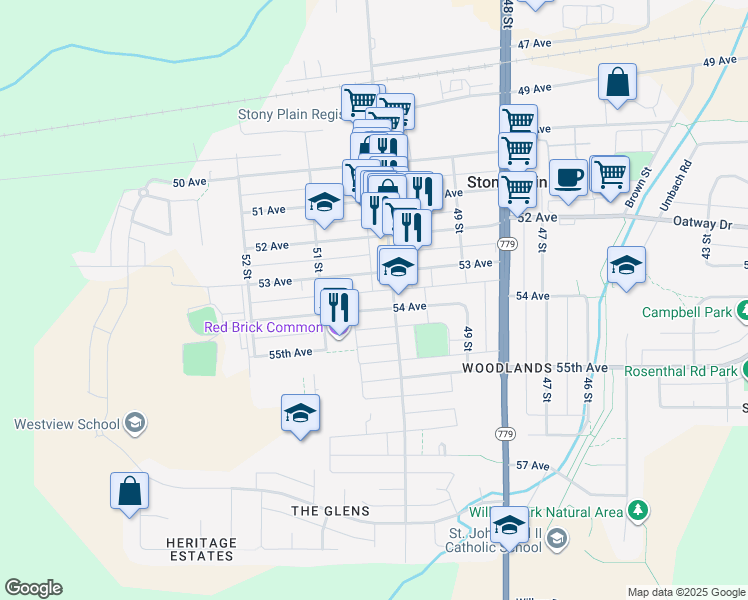 map of restaurants, bars, coffee shops, grocery stores, and more near 5005 54 Avenue in Stony Plain