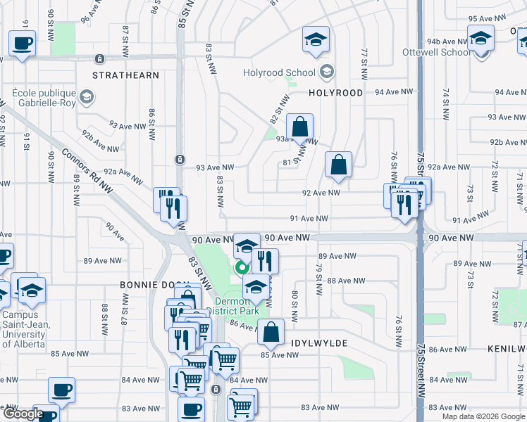 map of restaurants, bars, coffee shops, grocery stores, and more near 7948 91 Avenue Northwest in Edmonton