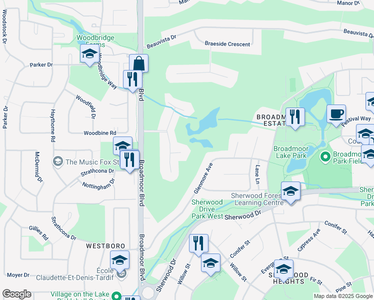 map of restaurants, bars, coffee shops, grocery stores, and more near 17 Village Court in Sherwood Park