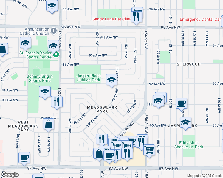 map of restaurants, bars, coffee shops, grocery stores, and more near 9150 160 Street Northwest in Edmonton