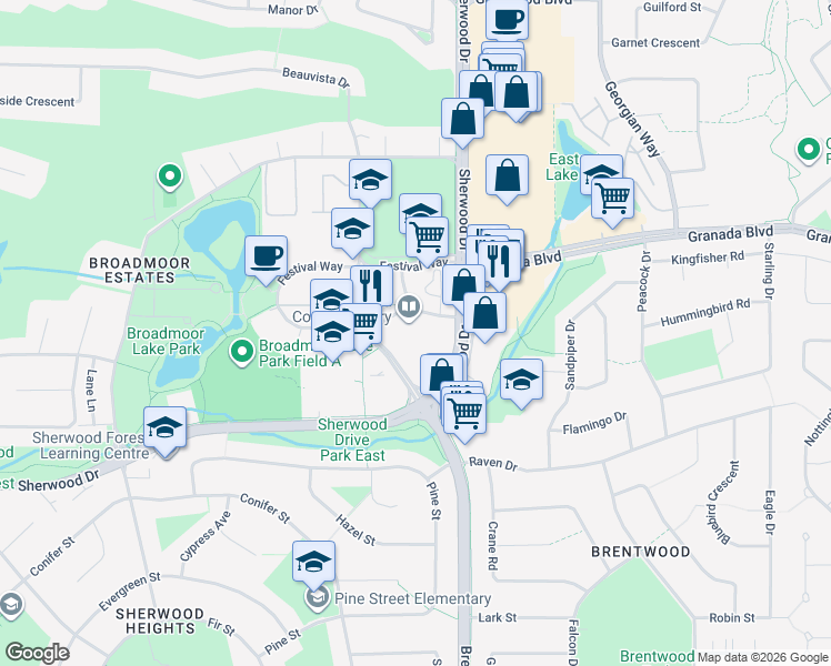 map of restaurants, bars, coffee shops, grocery stores, and more near 501 Festival Avenue in Sherwood Park