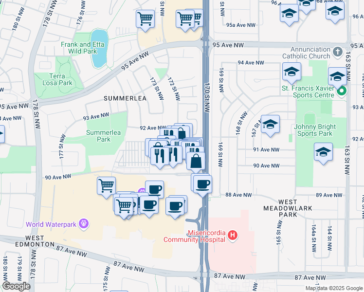 map of restaurants, bars, coffee shops, grocery stores, and more near 17010 90 Avenue Northwest in Edmonton