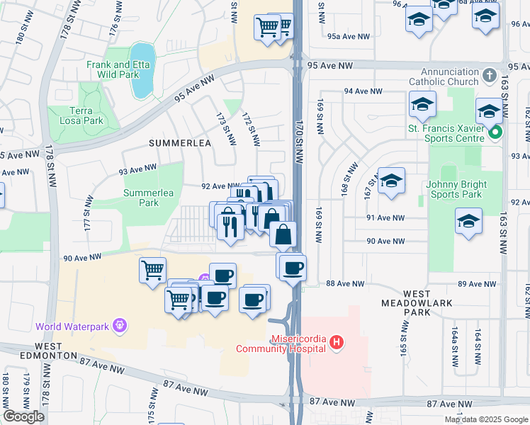 map of restaurants, bars, coffee shops, grocery stores, and more near in Edmonton