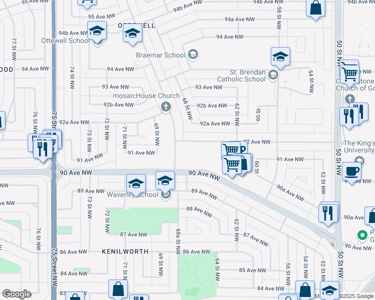 map of restaurants, bars, coffee shops, grocery stores, and more near 6807 92 Avenue Northwest in Edmonton